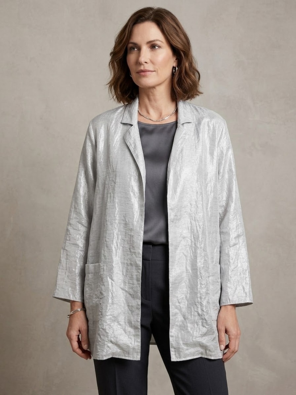 Chico's Shimmery Silver Open-Front Blazer